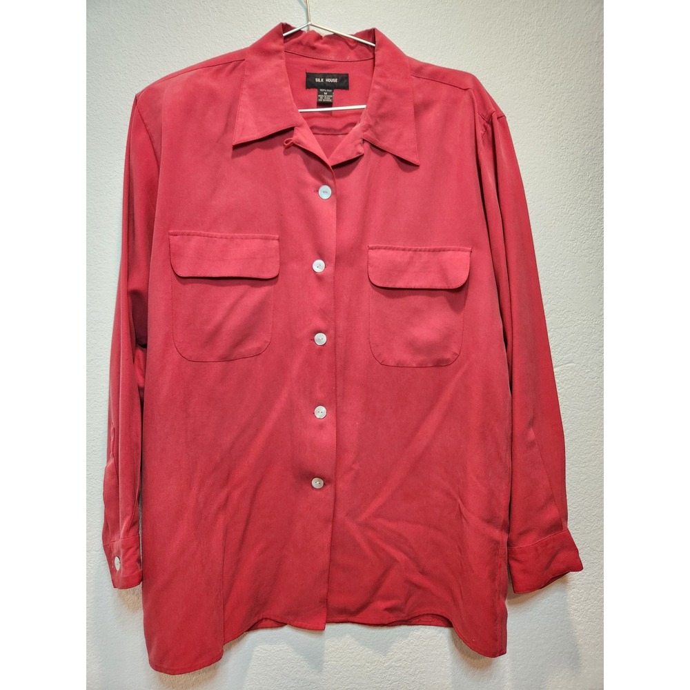 Silk House Womens Red 100% Silk Button Down Shirt Long Sleeve Blouse Size M